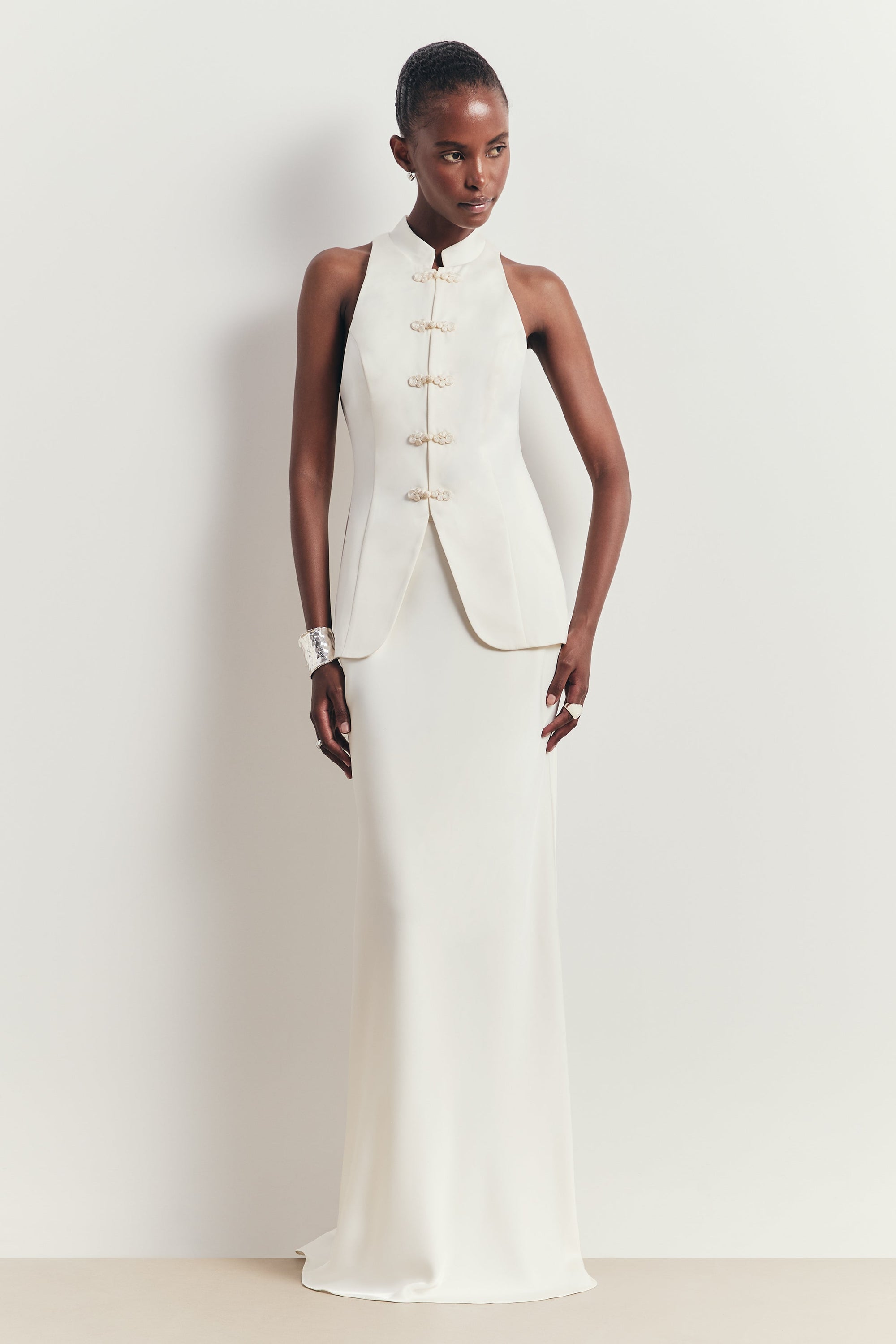 Tailored Satin Bias Cut Maxi Skirt - Ivory