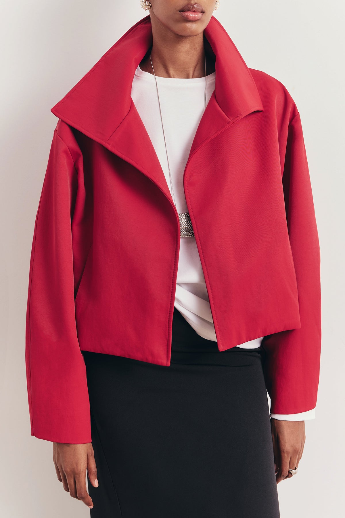 Cropped Funnel Neck Open Jacket - Scarlet