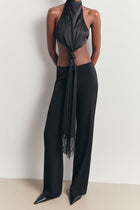 Backless Knot Detail Top with Fringing - Black