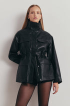 Leather Cargo Utility Jacket - Black