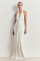 Plunging Knot Detail Gown with Fringing - Ivory