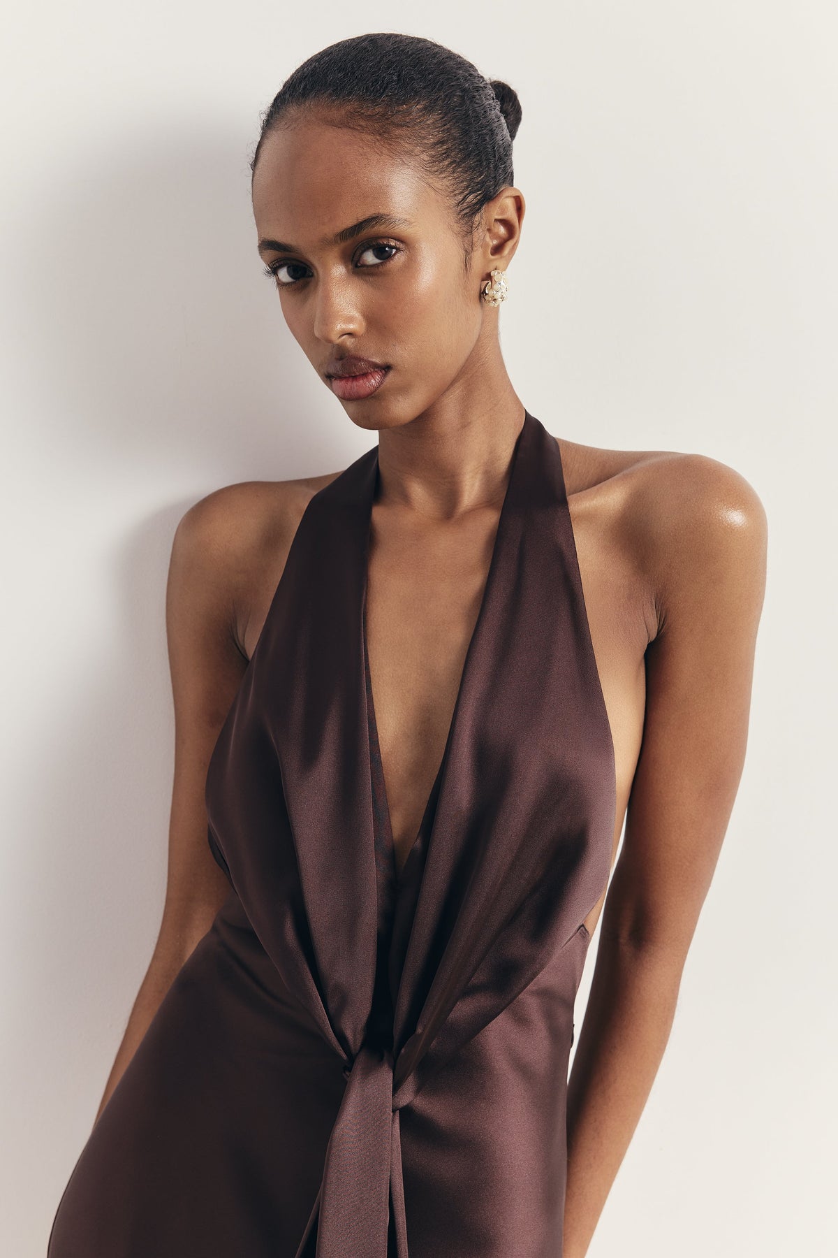 Plunging Knot Detail Gown with Fringing - Carob