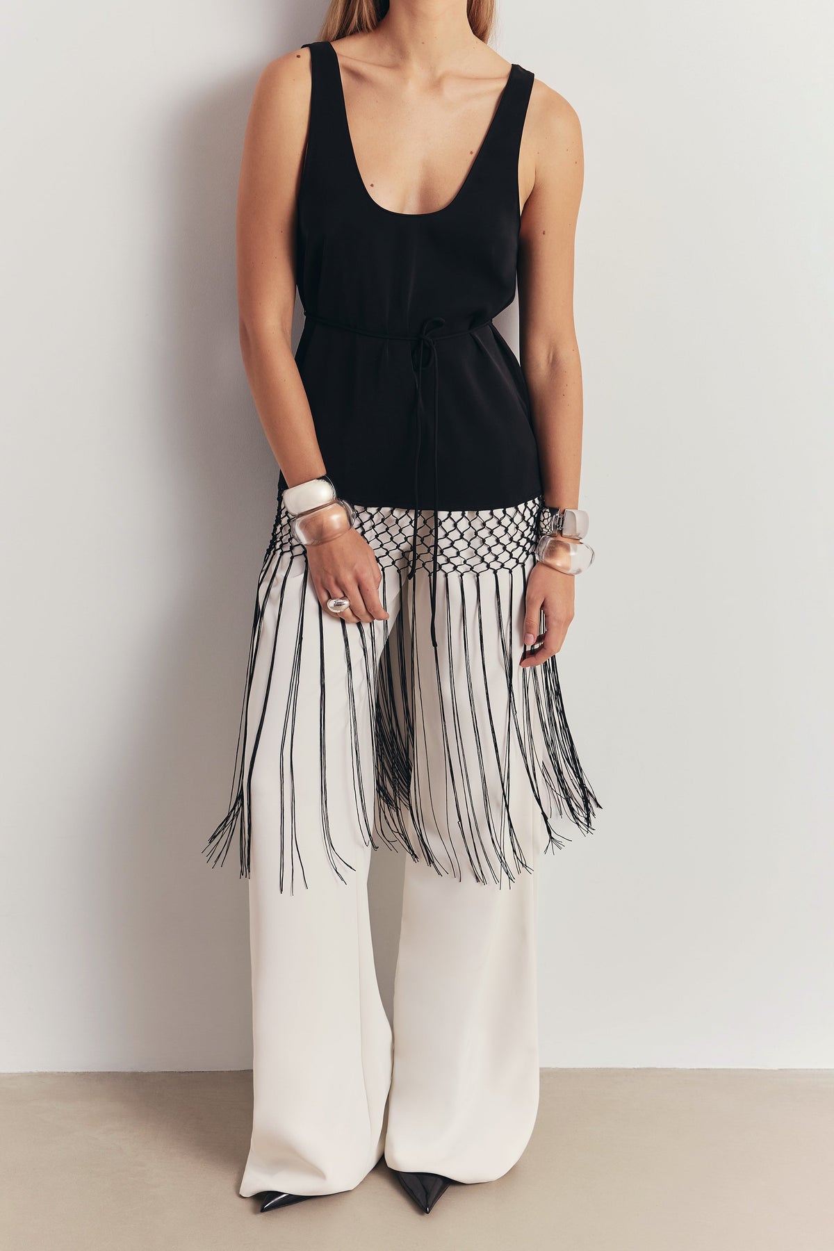 Fringe Trim Scoop Neck Longline Top - Black