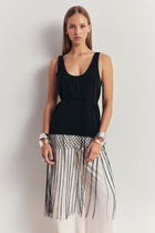 Fringe Trim Scoop Neck Longline Top - Black