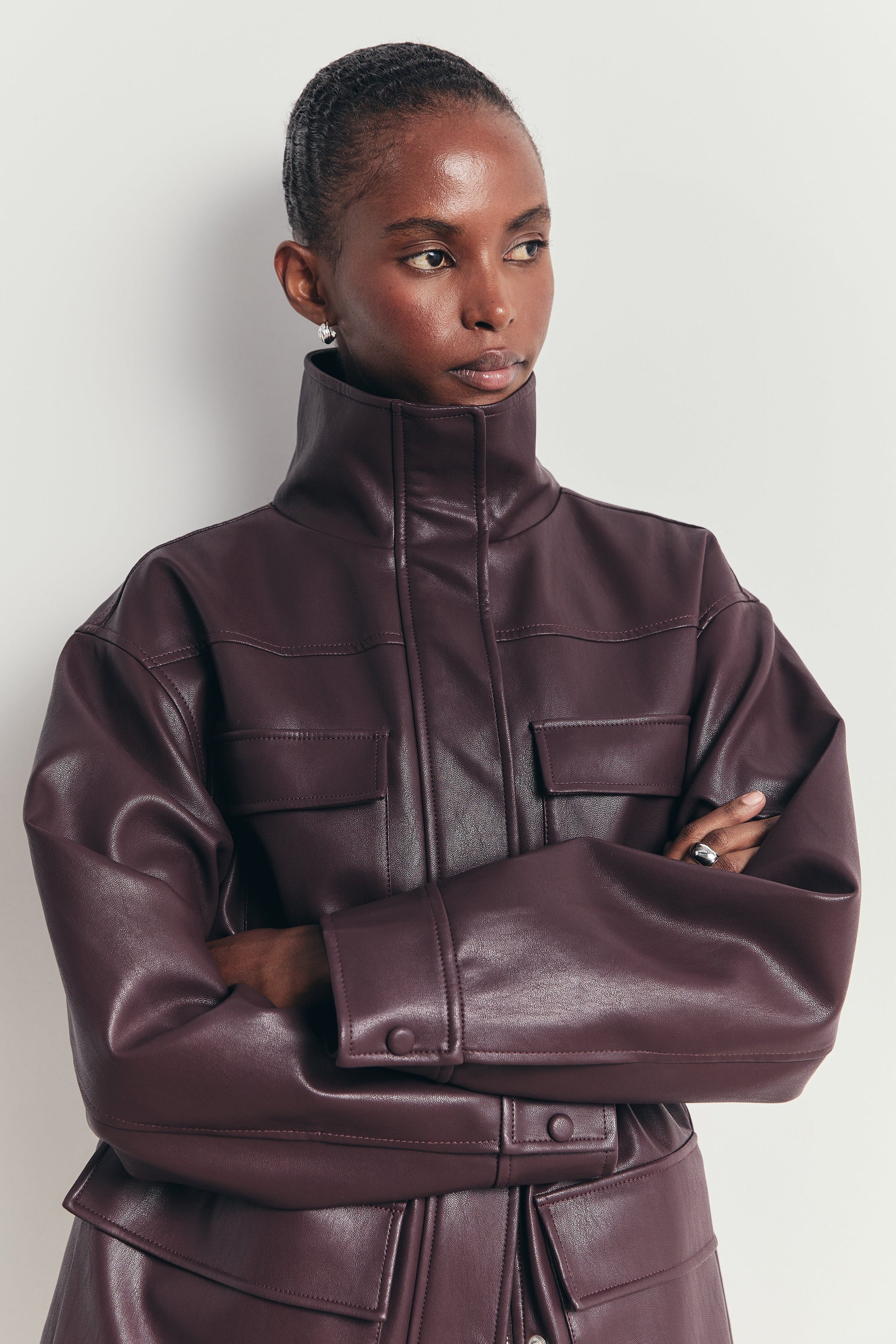 Leather Cargo Utility Jacket - Oxblood