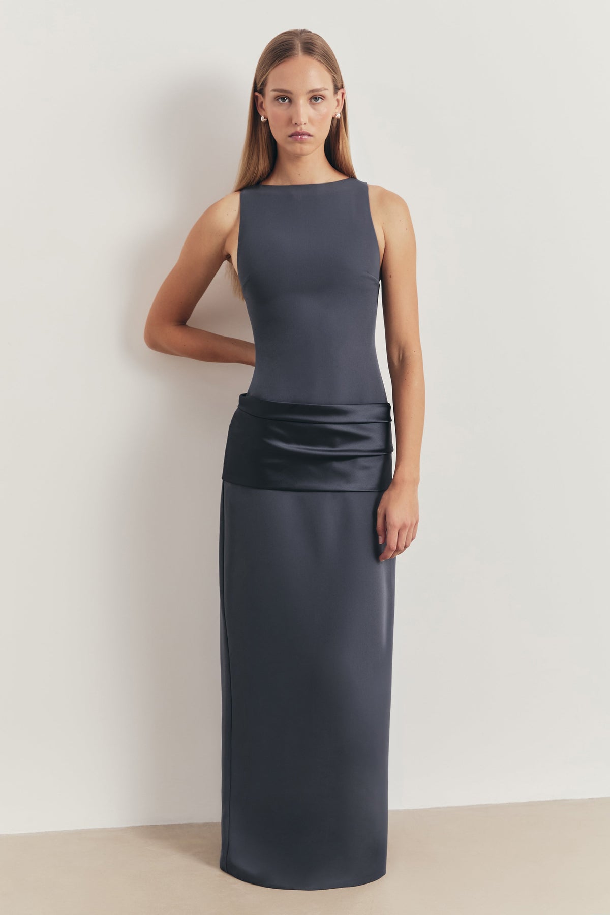 Dropped Waist Satin Panel Gown - Petrol