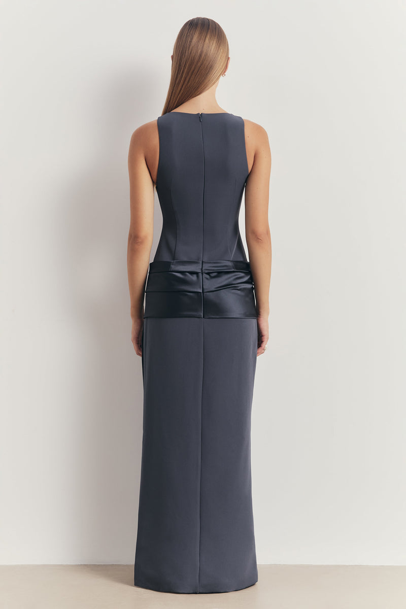 Dropped Waist Satin Panel Gown - Petrol