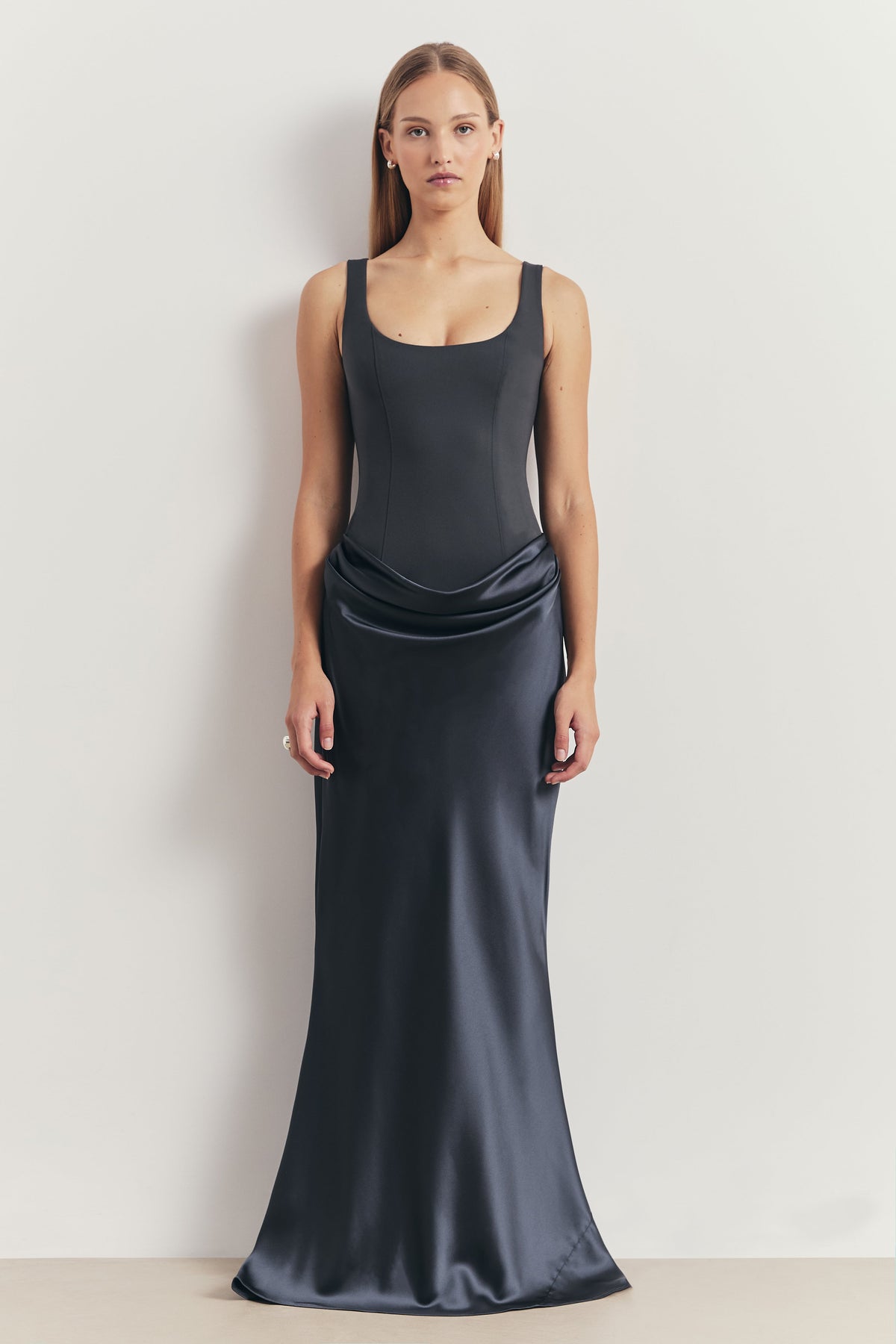 Tailored Corset Gown With Draped Hip - Petrol
