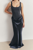Tailored Corset Gown With Draped Hip - Petrol