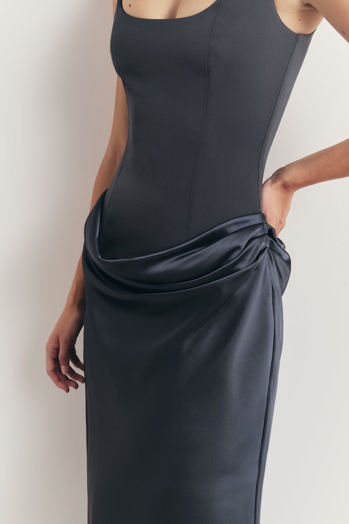 Tailored Corset Gown With Draped Hip - Petrol