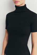 Wool Blend Cap Sleeve Polo Neck Top - Black