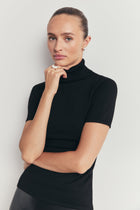 Wool Blend Cap Sleeve Polo Neck Top - Black