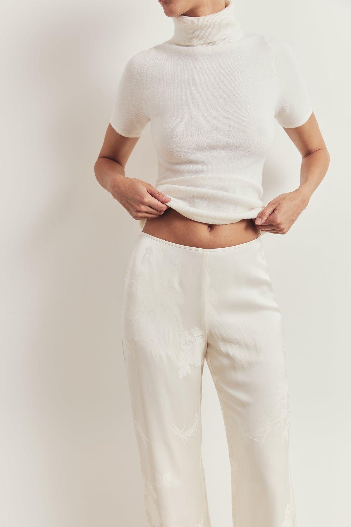 Satin Jacquard Tailored Straight Leg Trousers - Cream