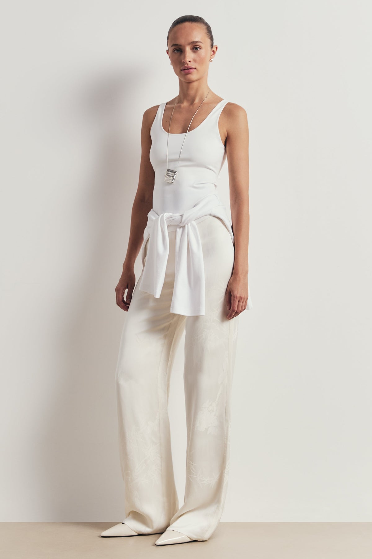 Satin Jacquard Tailored Straight Leg Trousers - Cream