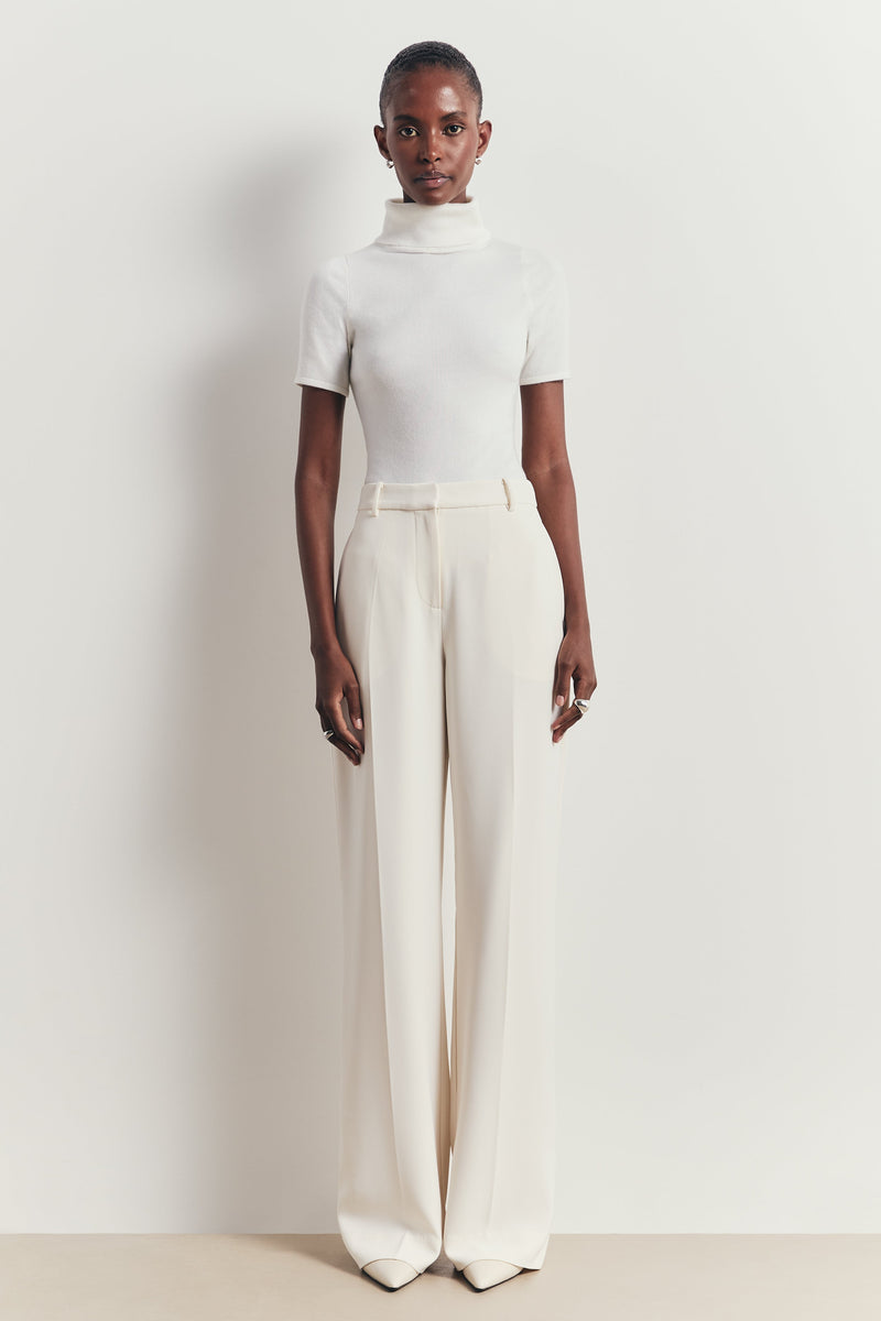 Wool Blend Cap Sleeve Polo Neck Top - Cream