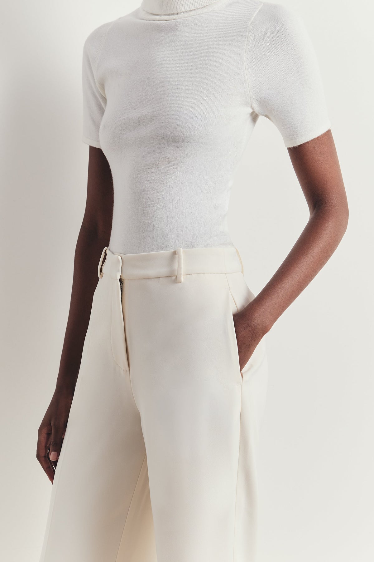Wool Blend Cap Sleeve Polo Neck Top - Cream