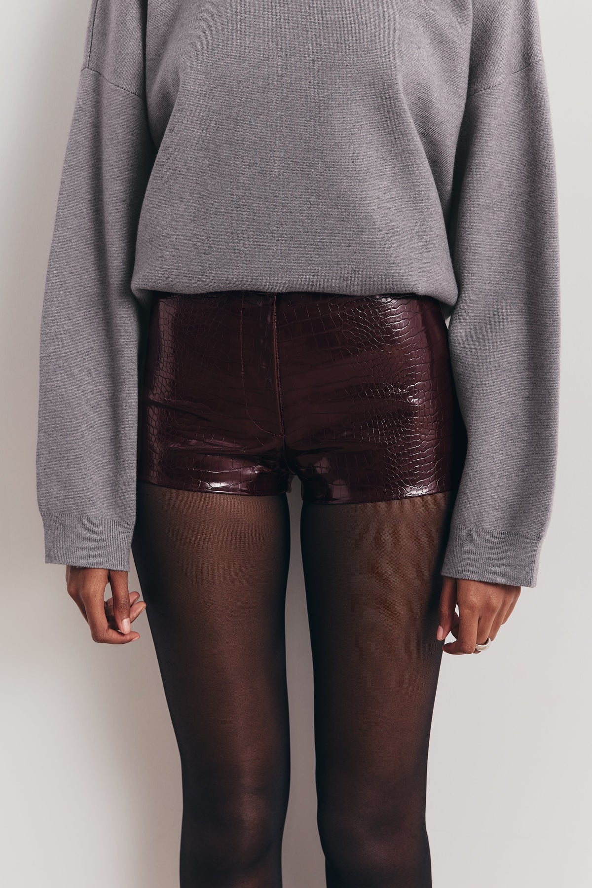 Croc Embossed Leather Tailored Micro Shorts - Oxblood