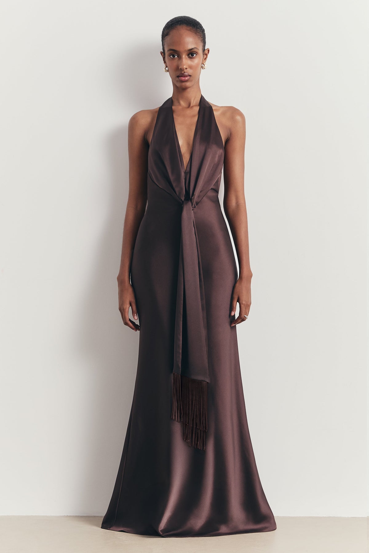 Plunging Knot Detail Gown with Fringing - Carob