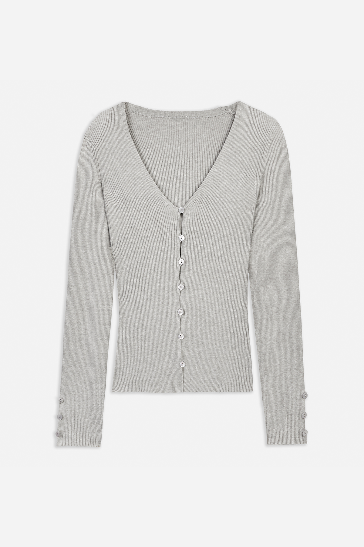 V Neck Ribbed Knit Cardigan - Pebble Grey