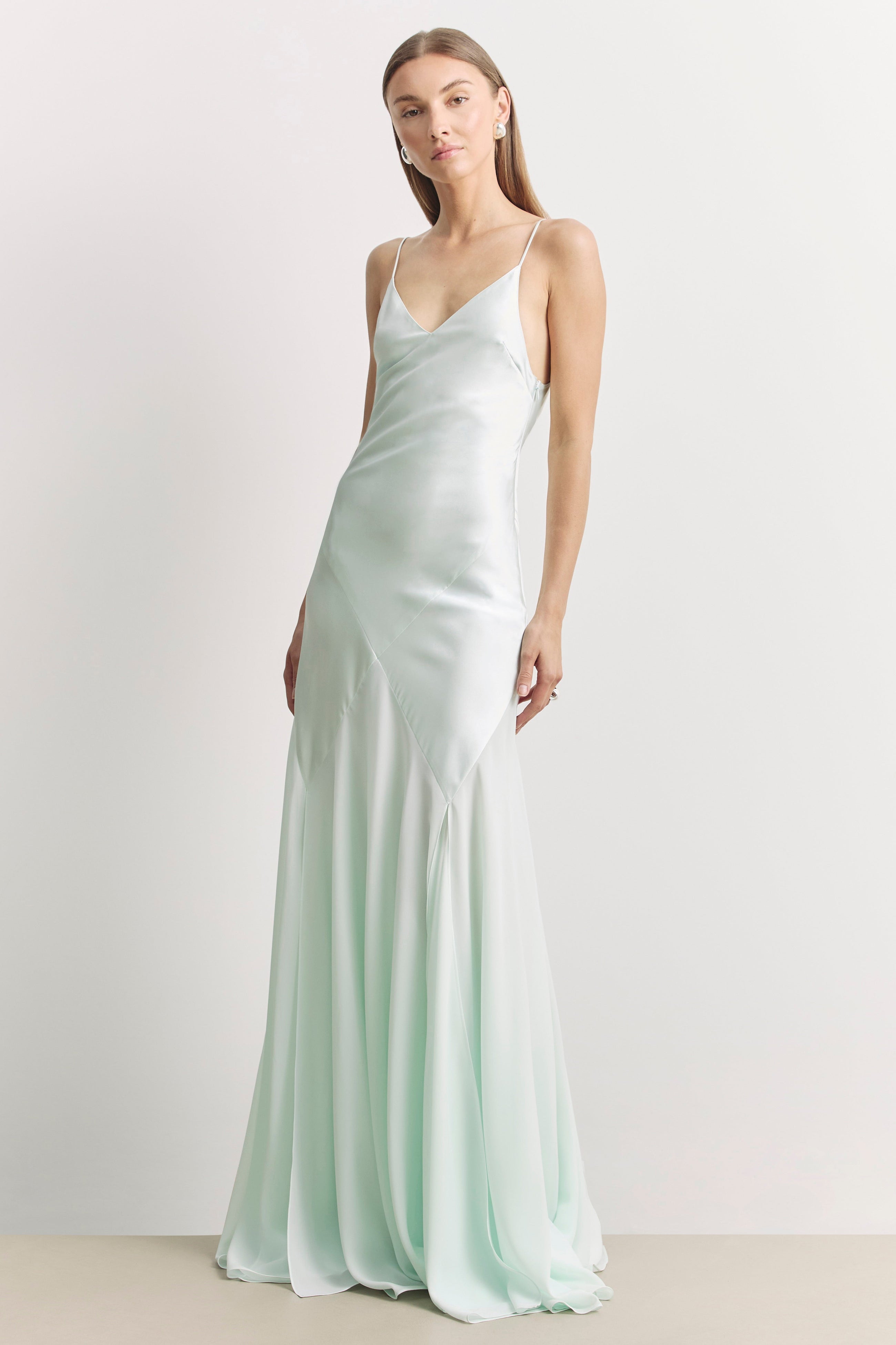 Plunging Satin Handkerchief Hem Gown - Mint
