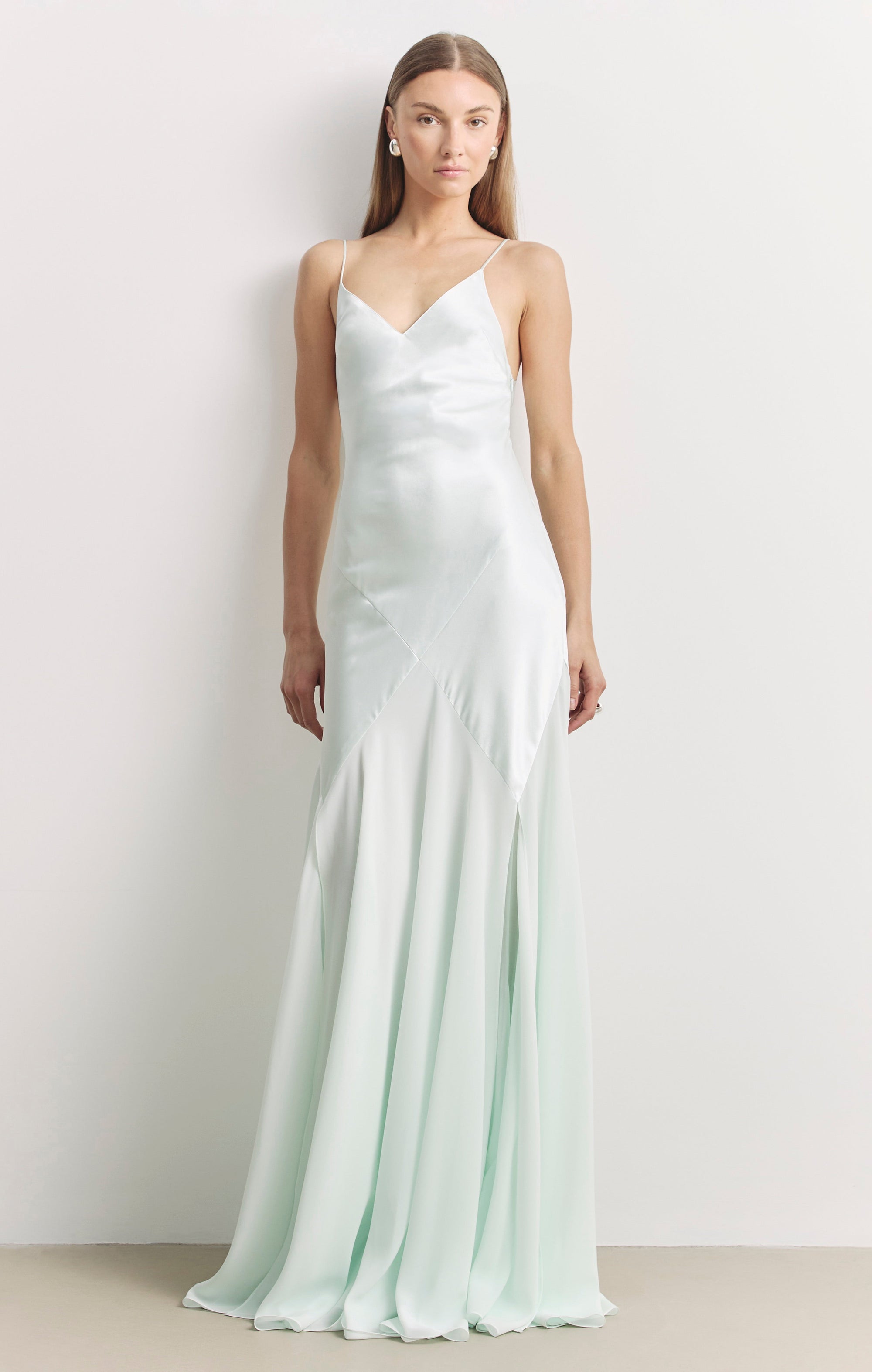 Plunging Satin Handkerchief Hem Gown - Mint