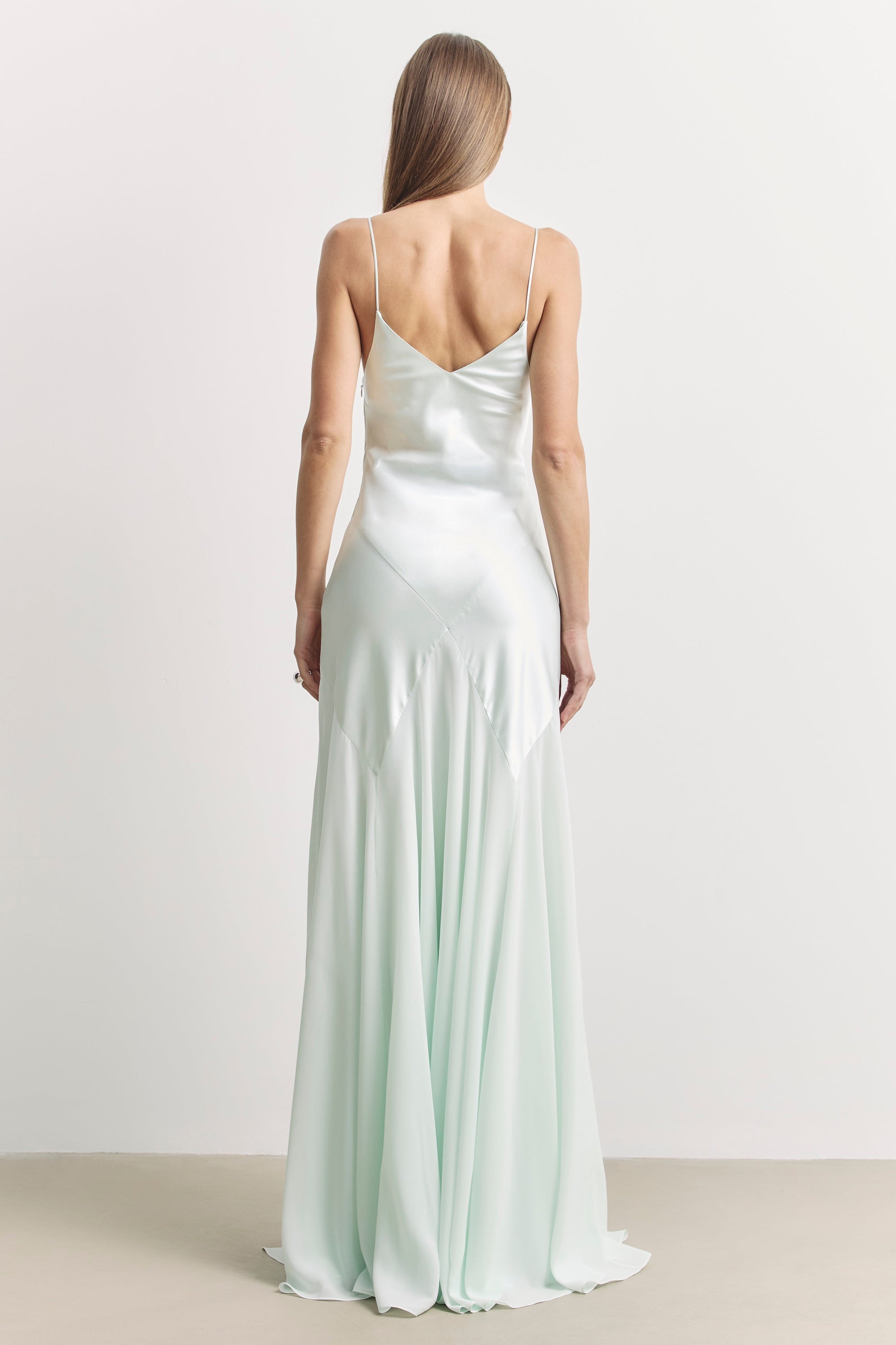 Plunging Satin Handkerchief Hem Gown - Mint