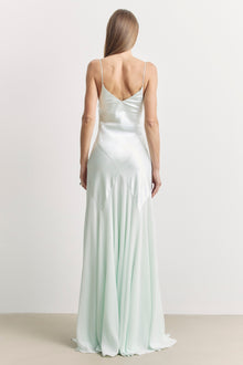 Plunging Satin Handkerchief Hem Gown - Mint