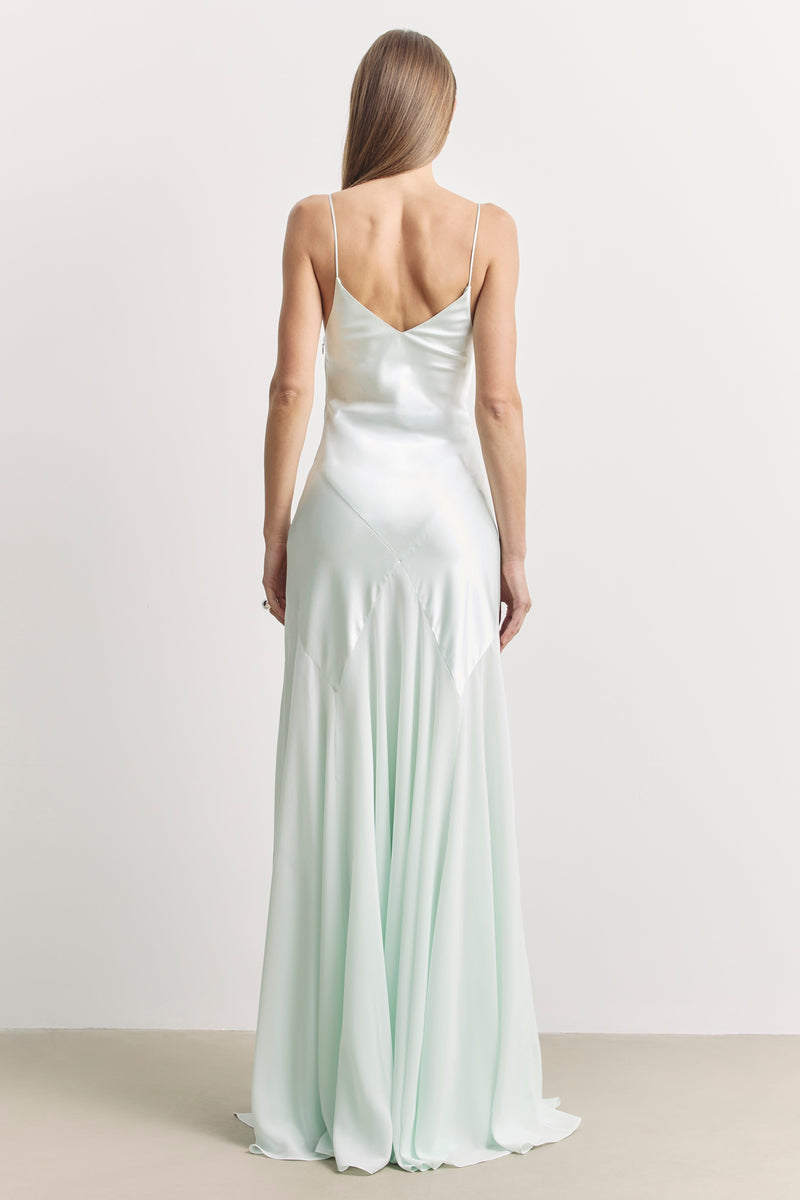 Plunging Satin Handkerchief Hem Gown - Mint