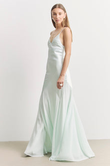 Plunging Satin Handkerchief Hem Gown - Mint