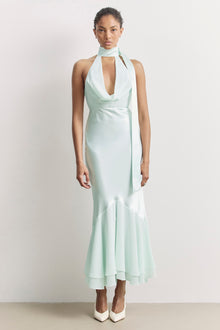 Satin Panel Scarf Detail Midi Dress - Mint