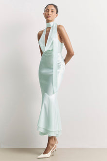Satin Panel Scarf Detail Midi Dress - Mint