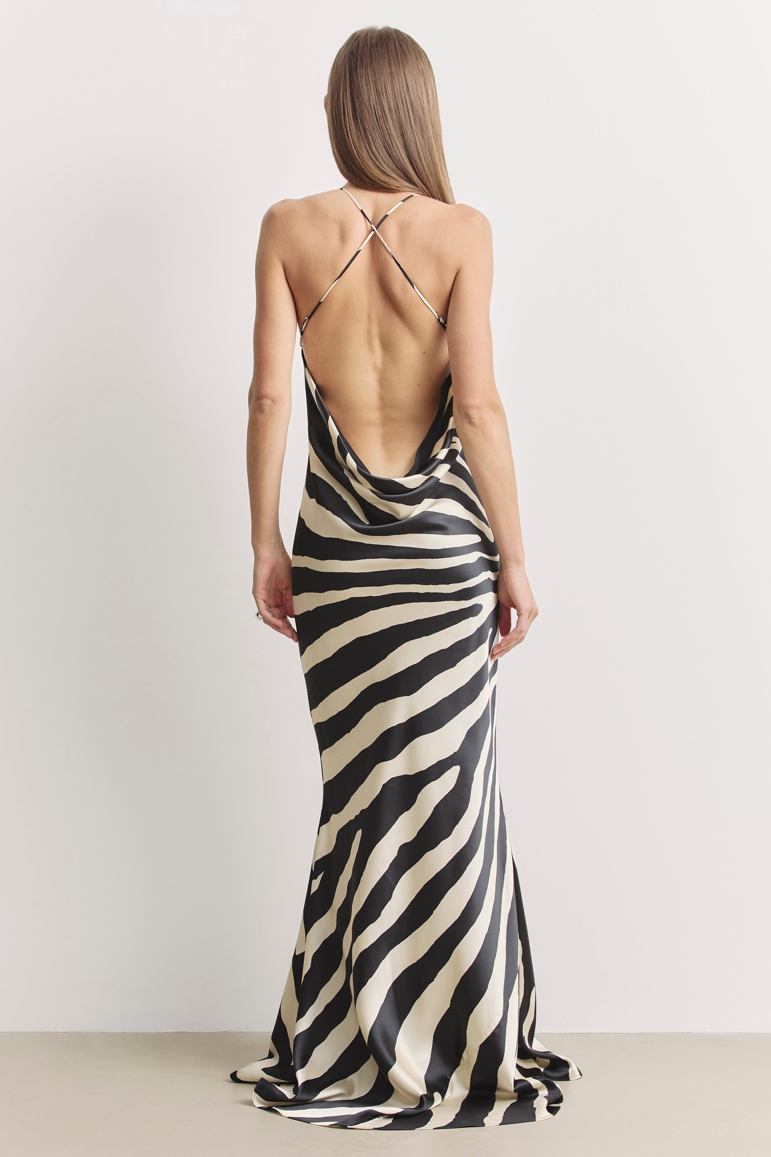 Satin Slinky Cowl Back Gown - Abstract Zebra
