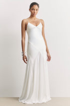 Plunging Satin Handkerchief Hem Gown - White