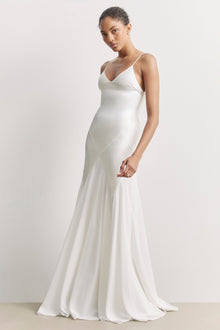 Plunging Satin Handkerchief Hem Gown - White