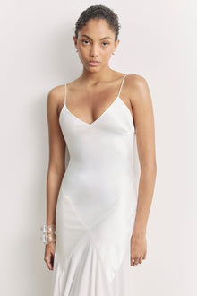 Plunging Satin Handkerchief Hem Gown - White