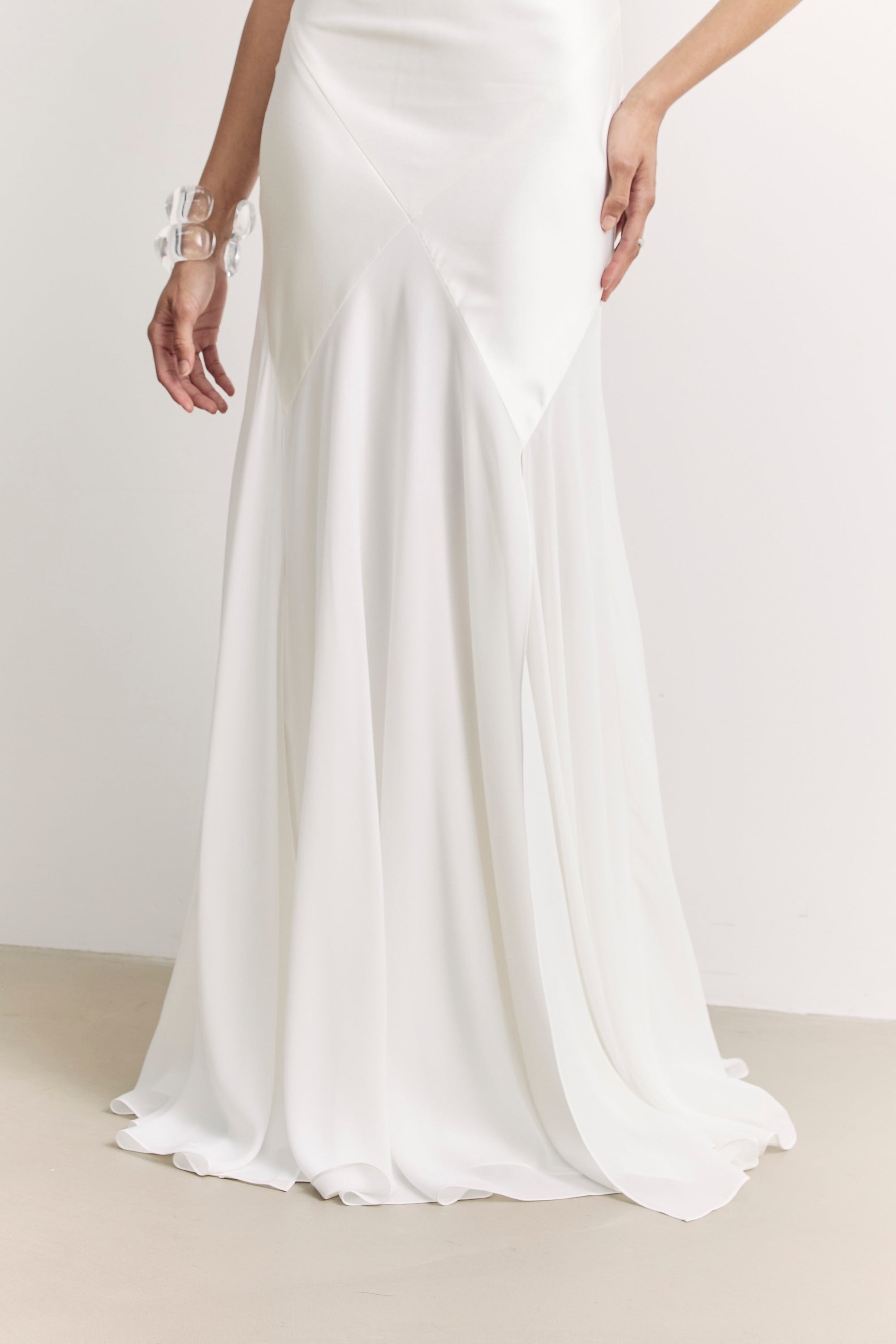 Plunging Satin Handkerchief Hem Gown - White