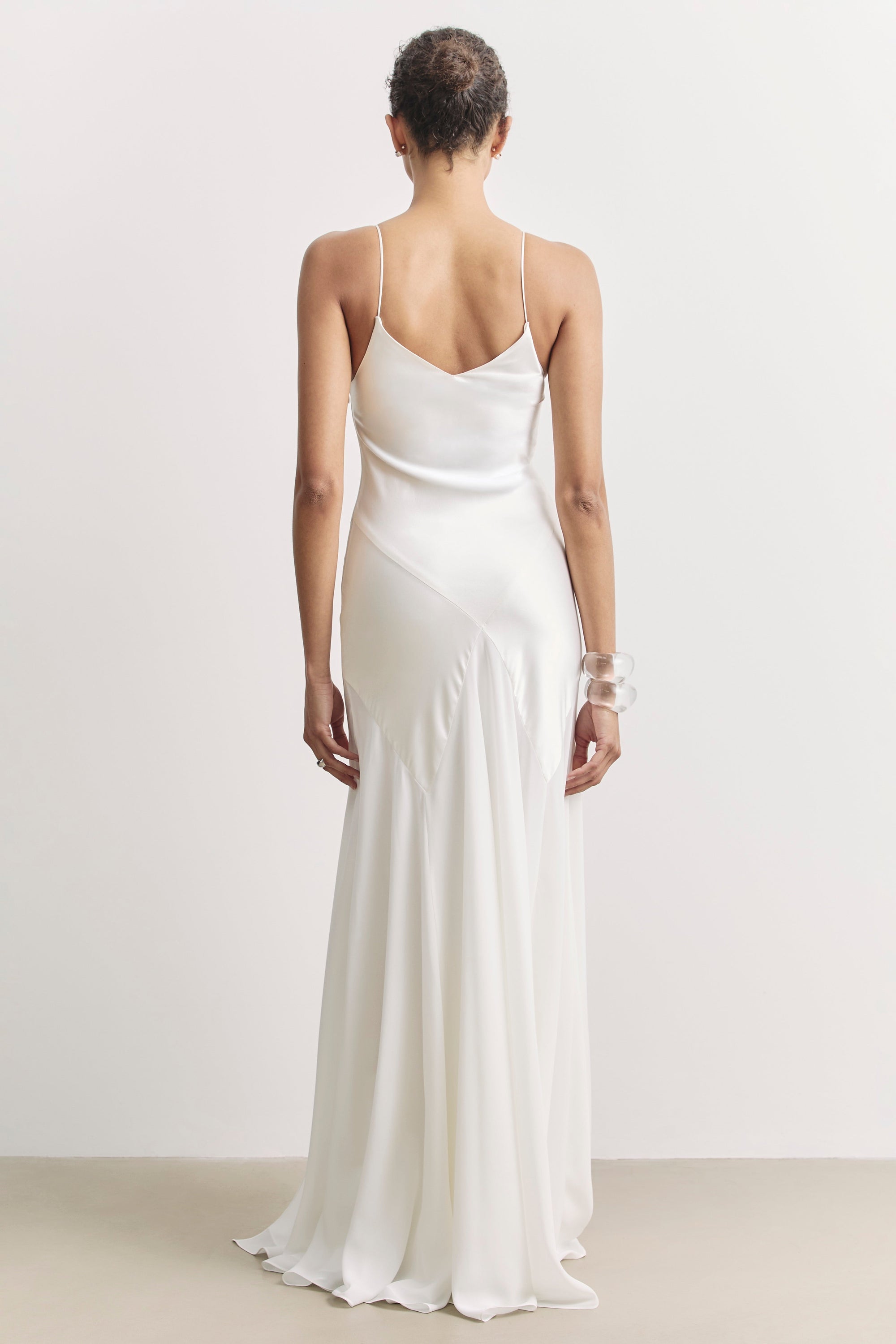 Plunging Satin Handkerchief Hem Gown - White