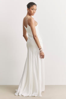 Plunging Satin Handkerchief Hem Gown - White