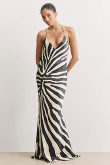 Satin Slinky Cowl Back Gown - Abstract Zebra