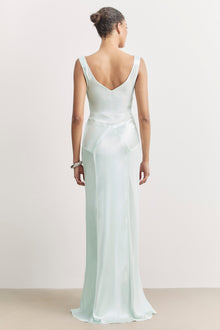 Sheer Chiffon Cowl Neck Satin Panel Gown - Mint
