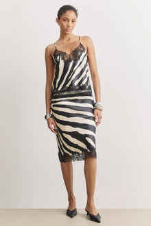 Satin Lace Detail Midi Skirt - Abstract Zebra