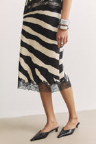 Satin Lace Detail Midi Skirt - Abstract Zebra