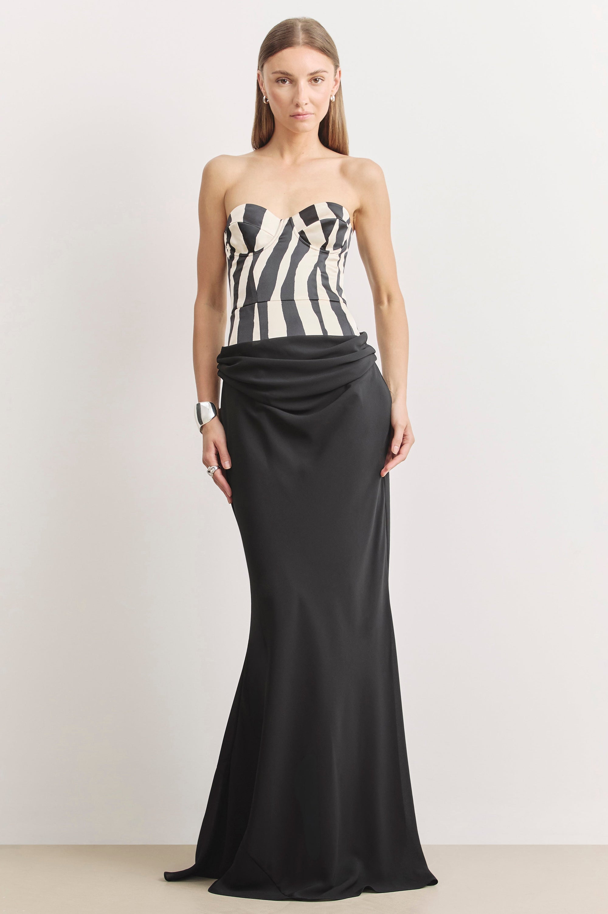 Satin Corset Gown With Draped Hip - Abstract Zebra