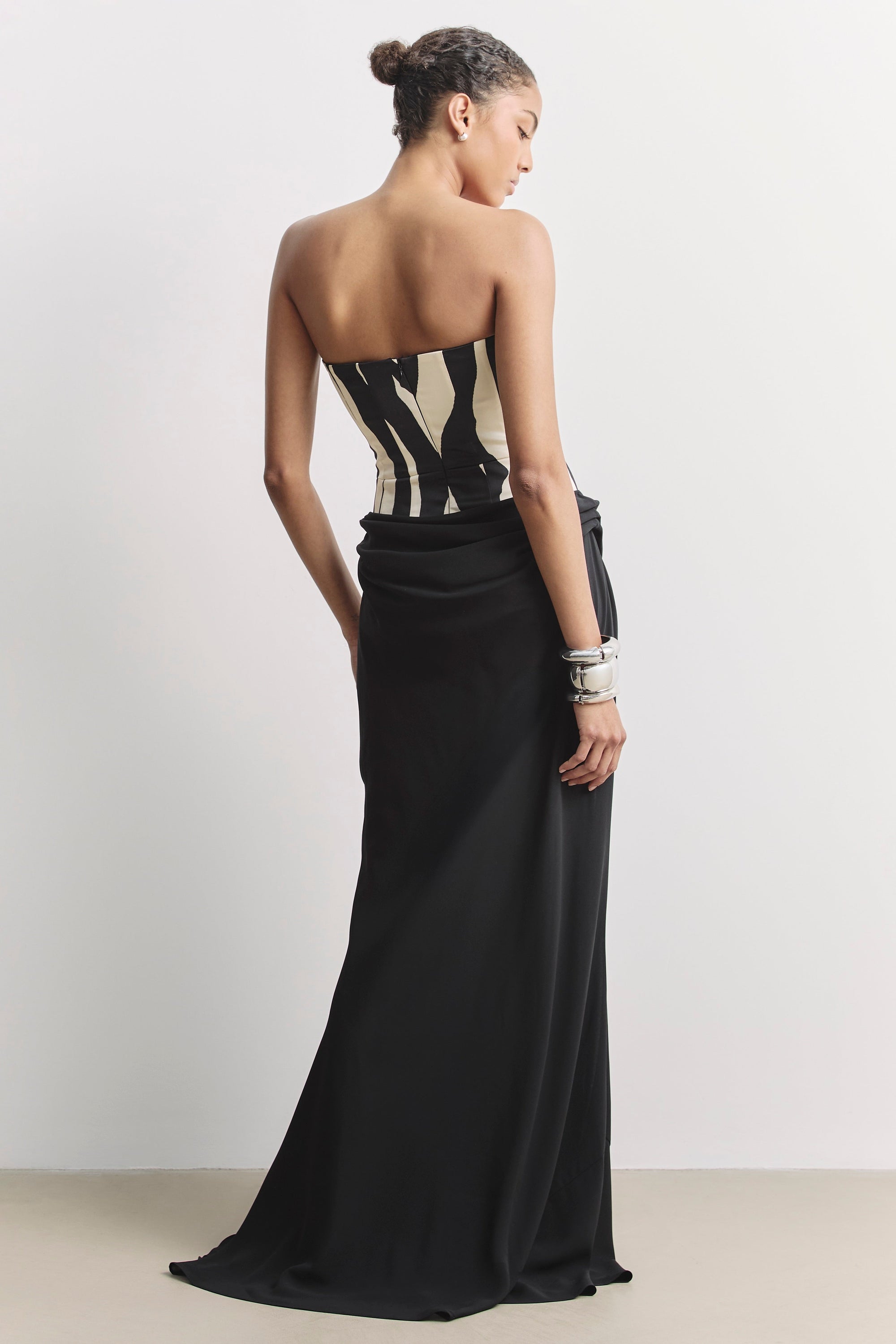 Satin Corset Gown With Draped Hip - Abstract Zebra