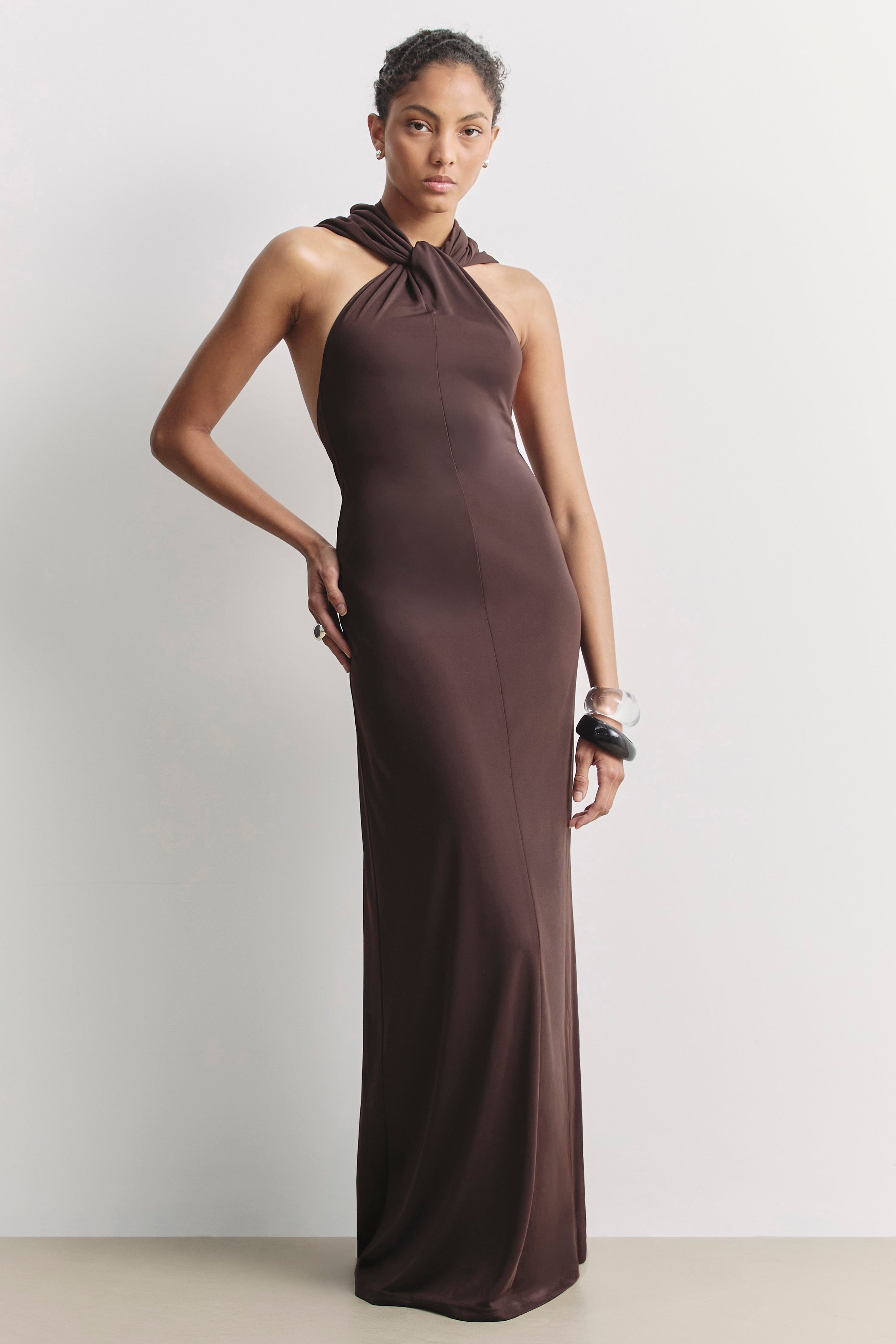 Hooded Halterneck Maxi Dress - Carob