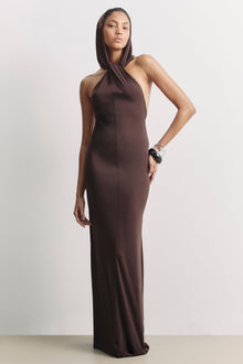 Hooded Halterneck Maxi Dress - Carob