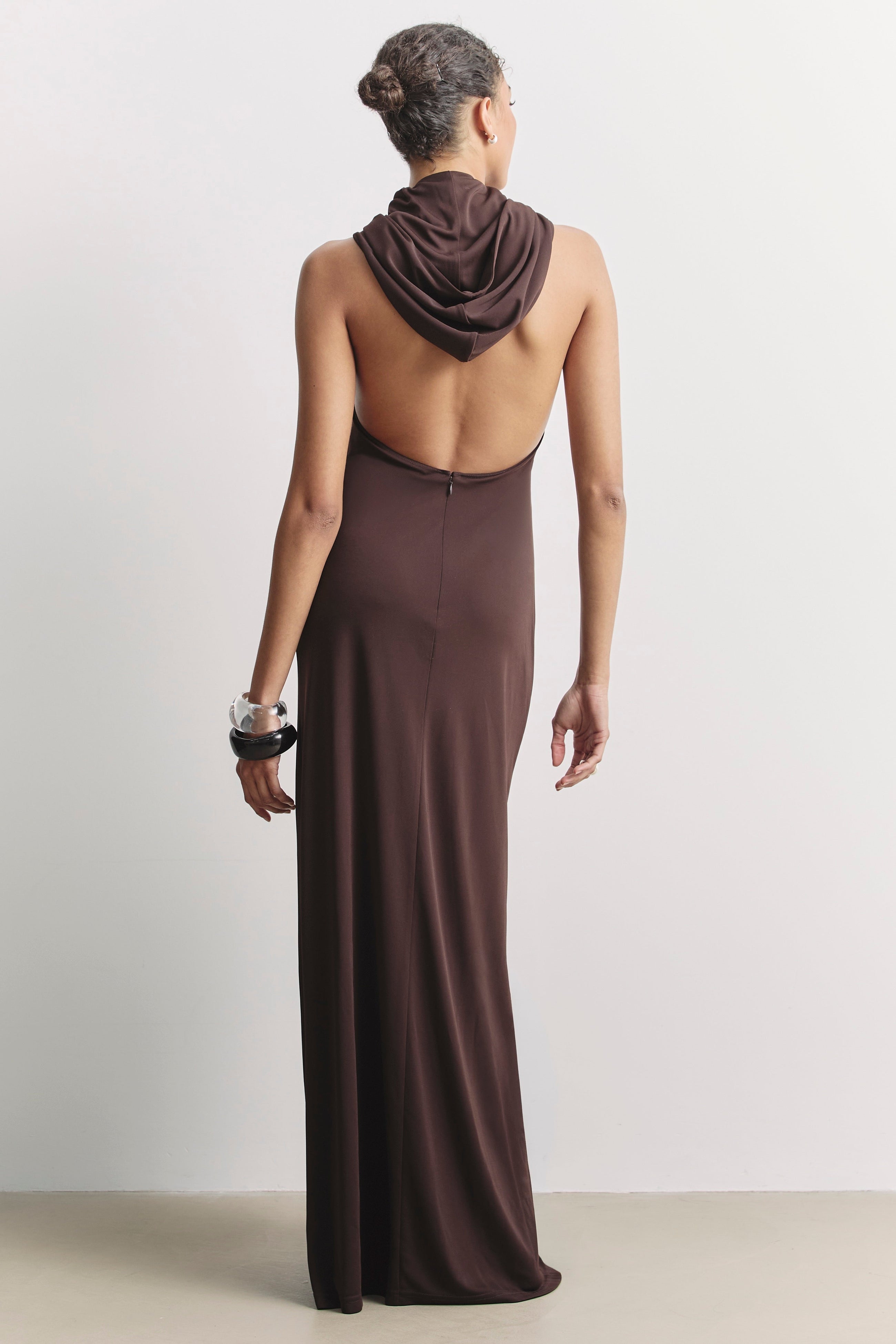 Hooded Halterneck Maxi Dress - Carob