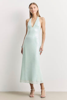 Sequin V Neck Plunge Midi Dress - Mint
