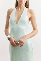 Sequin V Neck Plunge Midi Dress - Mint