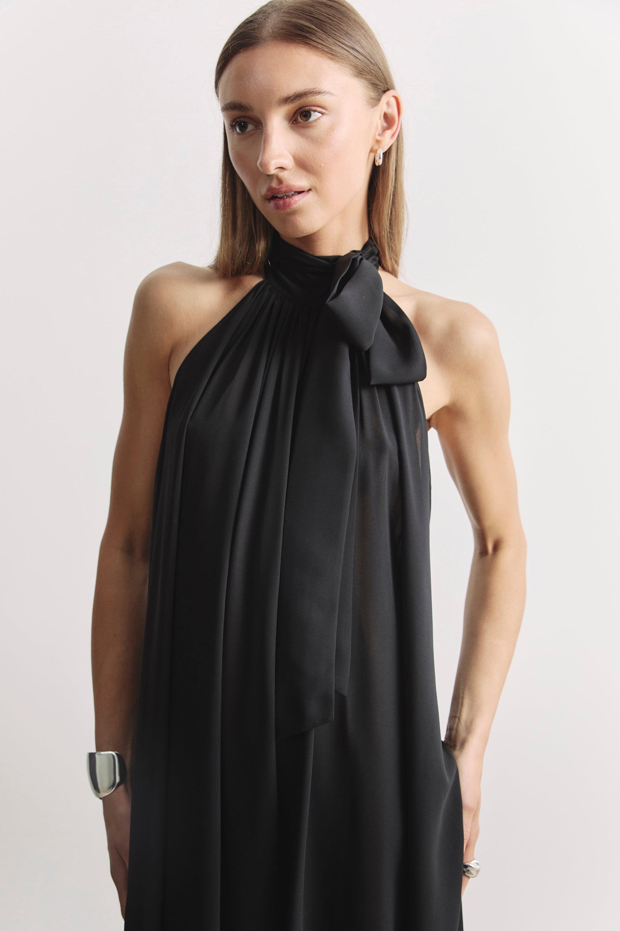 Sheer Chiffon High Neck Volume Maxi Dress - Black
